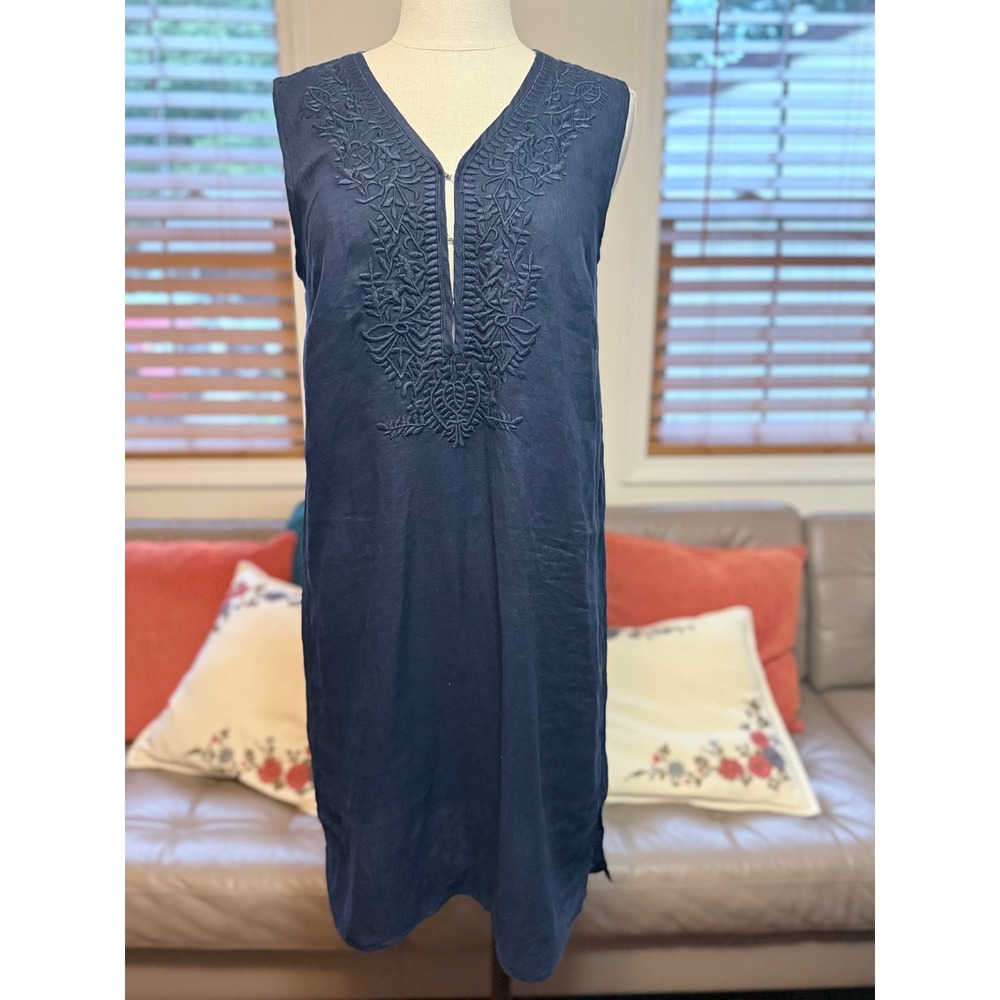 Chelsea & Theodore Navy Blue 100% Linen Embroidered V-Neck Shift Dress Small